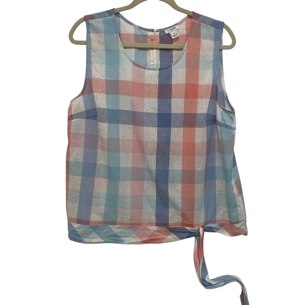 J.Crew Plaid Sleeveless Top Sz 14 Blue Pink Cotton Linen Side Tie Coastal Preppy